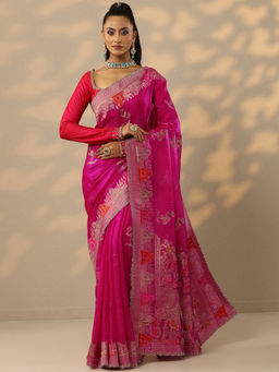Libas - Pink Woven Saree with Unstitched Blouse