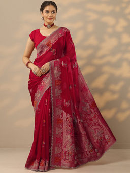 Libas - Red Embellished Saree with Unstitched Blouse