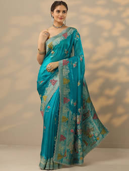 Libas - Green Embellished Saree with Unstitched Blouse