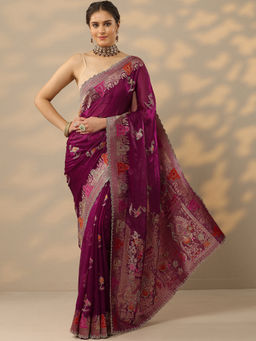 Libas - Wine Woven Saree with Unstitched Blouse