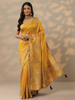 Libas - Mustard Embellished Silk Blend Saree with Unstitched Blouse