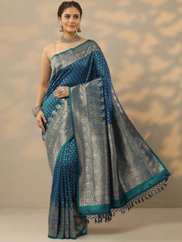 Libas - Blue Woven Design Embellished Saree with Unstitched Blouse