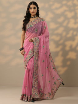 Libas - Pink Embroidered Chinon Saree with Unstitched Blouse