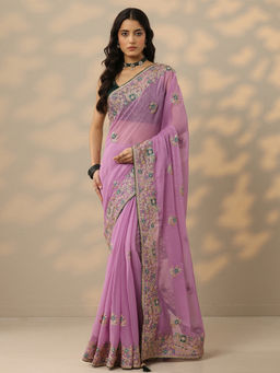 Libas - Lavender Embroidered Chinon Saree with Unstitched Blouse