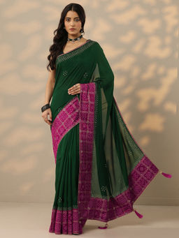 Libas - Green Printed Chinon Saree with Unstitched Blouse