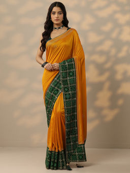Libas - Mustard Printed Chinon Saree with Unstitched Blouse
