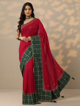 Libas - Red Printed Chinon Saree with Unstitched Blouse