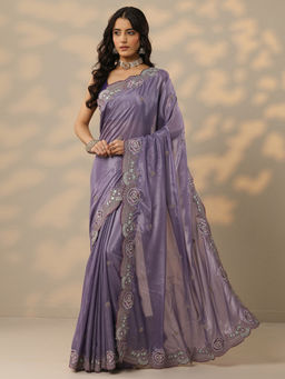 Libas - Lavender Embroidered Silk Blend Saree with Unstitched Blouse