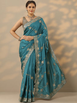 Libas - Teal Embroidered Zari Work Saree with Unstitched Blouse