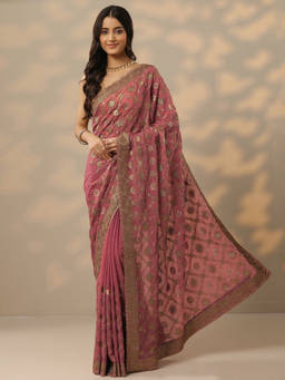 Libas - Pink Embroidered Zari Stone Work Saree with Unstitched Blouse