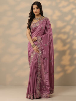 Libas - Mauve Embroidered Silk Blend Saree with Unstitched Blouse