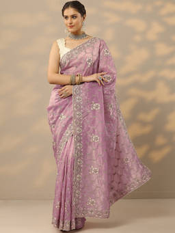 Libas - Pink Zari Embroidered Saree with Unstitched Blouse