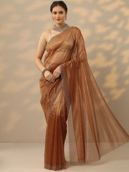 Libas - Rust Embellished Saree with Unstitched Blouse