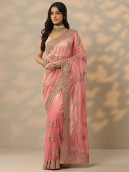 Libas - Peach Embroidered Nylon Saree with Unstitched Blouse