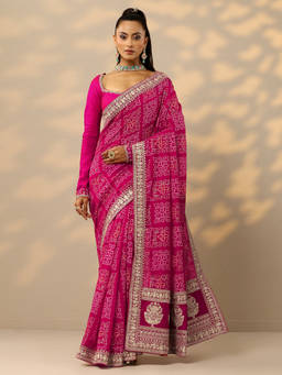 Libas - Pink Bandhani Zari Work Embellished Saree with Unstitched Blouse