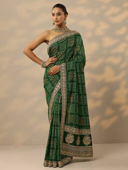 Libas - Green Bandhani Zari Work Embellished Saree with Unstitched Blouse