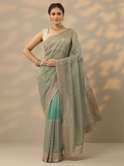 Libas - Green Embroidered Zari Work Saree with Unstitched Blouse