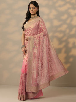 Libas - Pink Embroidered Nylon Saree with Unstitched Blouse