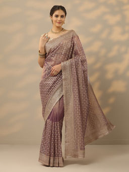 Libas - Mauve Embroidered Zari Work Saree with Unstitched Blouse