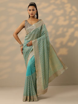 Libas - Turquoise Embroidered Zari Work Saree with Unstitched Blouse