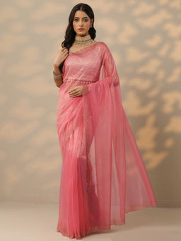 Libas - Peach Embellished Nylon Saree with Unstitched Blouse