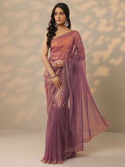 Libas - Mauve Embellished Nylon Saree with Unstitched Blouse