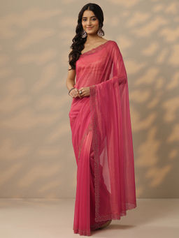 Libas - Pink Embellished Nylon Saree with Unstitched Blouse