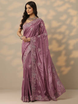 Libas - Mauve Embroidered Crepe Saree with Unstitched Blouse