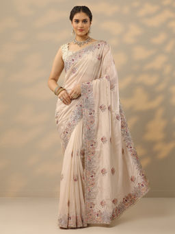 Libas - Cream Embroidered Saree with Unstitched Blouse