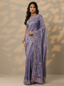 Libas - Lavender Embroidered Crepe Saree with Unstitched Blouse