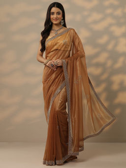 Libas - Rust Embellished Nylon Saree with Unstitched Blouse