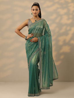 Libas - Green Embellished Saree with Unstitched Blouse
