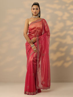 Libas - Pink Embellished Saree with Unstitched Blouse