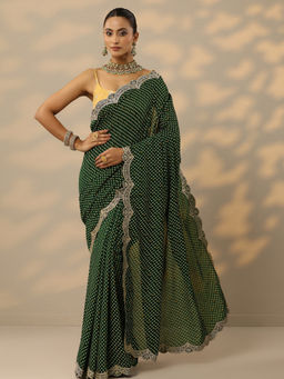 Libas - Green Bandhani Printed Zari Border Embellished Saree with Unstitched Blouse
