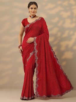 Libas - Red Bandhani Printed Zari Border Embellished Saree with Unstitched Blouse
