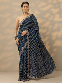 Libas - Navy Blue Bandhani Printed Zari Border Embellished Saree with Unstitched Blouse
