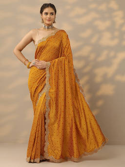 Libas - Mustard Bandhani Printed Zari Border Embellished Saree with Unstitched Blouse