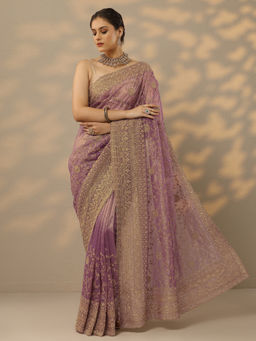 Libas - Mauve Embroidered Zari Work Saree with Unstitched Blouse