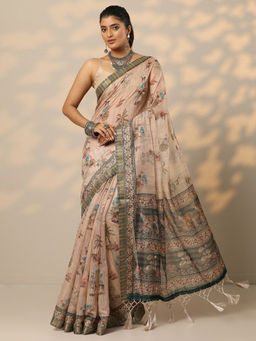 Libas - Beige Printed Cotton Blend Saree with Unstitched Blouse
