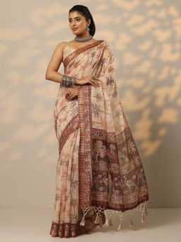 Libas - Beige Printed Cotton Blend Saree with Unstitched Blouse