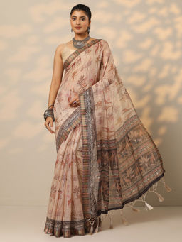 Libas - Beige Printed Cotton Blend Saree with Unstitched Blouse