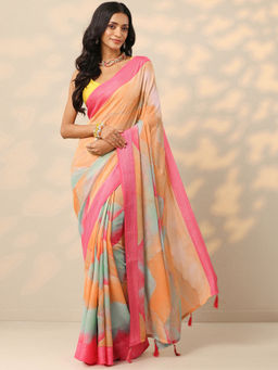 Libas - Pink Printed Chinon Saree with Unstitched Blouse