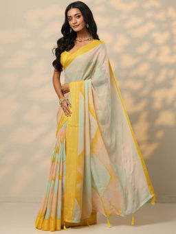 Libas - Yellow Printed Chinon Saree with Unstitched Blouse
