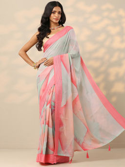 Libas - Pink Printed Chinon Saree with Unstitched Blouse