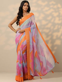 Libas - Orange Printed Chinon Saree with Unstitched Blouse