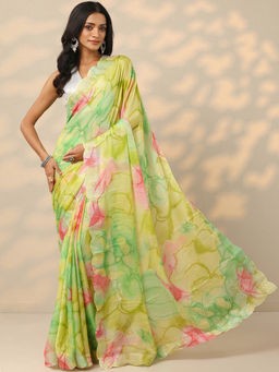 Libas - Green Printed Chinon Saree with Unstitched Blouse