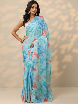Libas - Blue Printed Chinon Saree with Unstitched Blouse