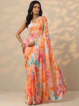 Libas - Peach Printed Chinon Saree with Unstitched Blouse