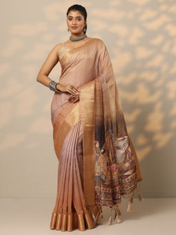 Libas - Beige Printed Georgette Saree with Unstitched Blouse
