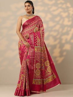 Libas - Pink Printed Silk Blend Saree with Unstitched Blouse